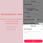 Checkout screen instructions showing how to add personalization notes and upload custom photos.
