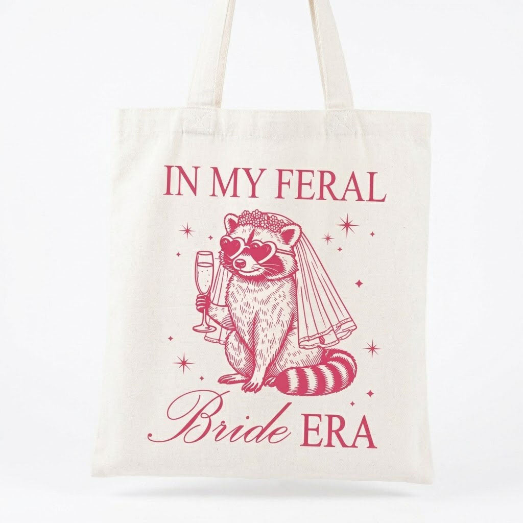 Custom In My Feral Bride Era Raccoon Canvas Tote Bag for Bride and Bridesmaids Funny Retro Y2K Gen Z Meme Aesthetic Bridal Shower Gift Bachelorette Party Favor Engagement Wedding Planning Reusable Grocery Shoulder Bag