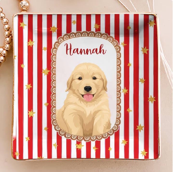 Golden Retriever Ceramic Trinket Dish Personalized Dog Lover Jewelry Tray Plaid Ring Dish Catchall Gift for Dog Mom