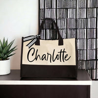 RodyThread Personalized Name Canvas Tote Bag for Women Bride Bridesmaid Proposal Preppy Coquette Minimalist Black and Cream Cotton Canvas Custom Monogrammed Gift for Her Bachelorette Bach Trip Beach Vacation Shopper with Ribbon Bow