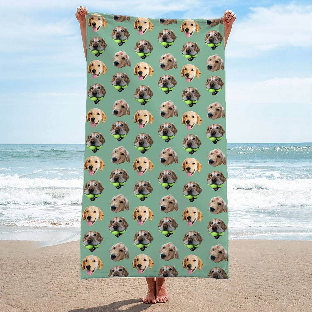 RodyThread Custom Pet Face Pattern Beach Towel For Dog Moms Preppy Aesthetic Sage Green Microfiber Personalized Puppy Portrait Pool Blanket Summer Vacation Essentials Funny Personalized Gift For Animal Lovers Custom Pet Patern Beach Towel
