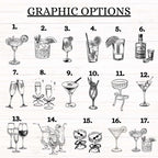 Catalog of 17 numbered black line cocktail graphics for personalized vacation tumblers including margaritas and martinis.
