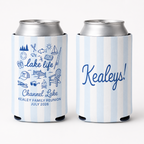 Two can cooler sleeves in light blue and white stripes with blue lake life icons, Channel Lake text, and Kealeys custom name.