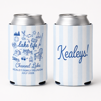 RodyThread Personalized Summer Lake Party Bachelorette Weekend Favors Slim Can Coolers Drink Sleeve Bridesmaids Girls Coastal Preppy Camp Vibe Blue White Striped Waterproof Neoprene Custom Birthday Bulk Gifts Seltzer Holders Last Toast Coast