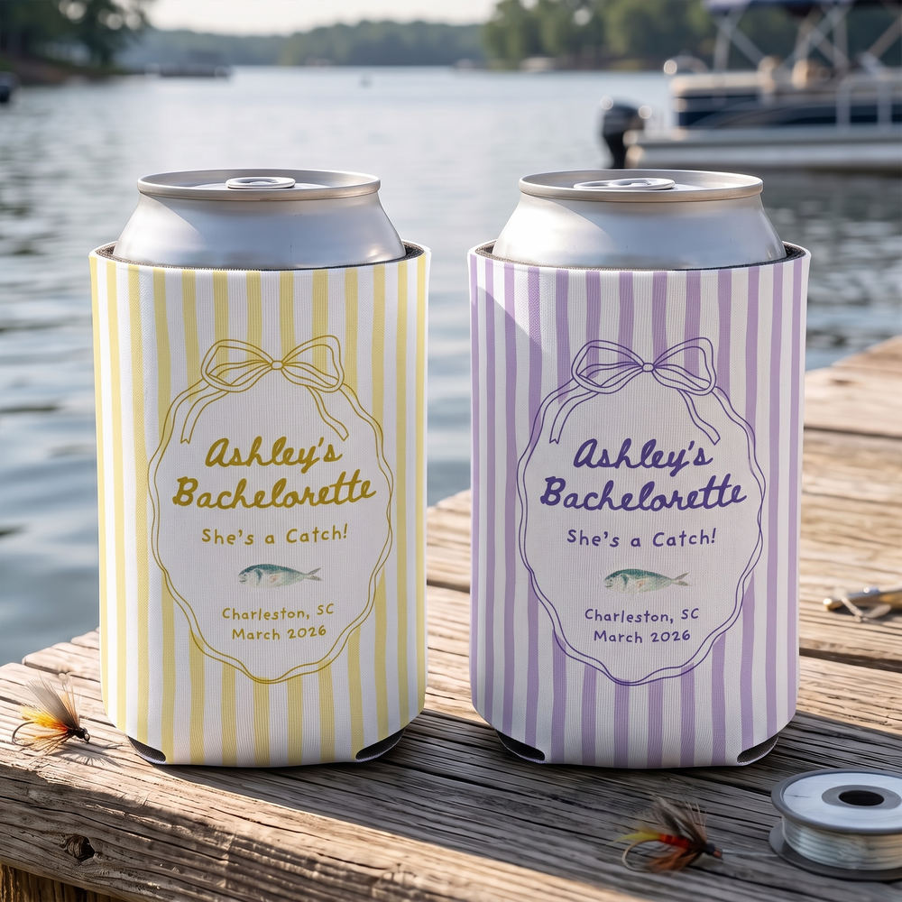 RodyThread Personalized Summer Lake Party Bachelorette Weekend Favors Slim Can Coolers Drink Sleeve Bridesmaids Girls Coastal Preppy Camp Vibe Blue White Striped Waterproof Neoprene Custom Birthday Bulk Gifts Seltzer Holders Last Toast Coast (Copy)