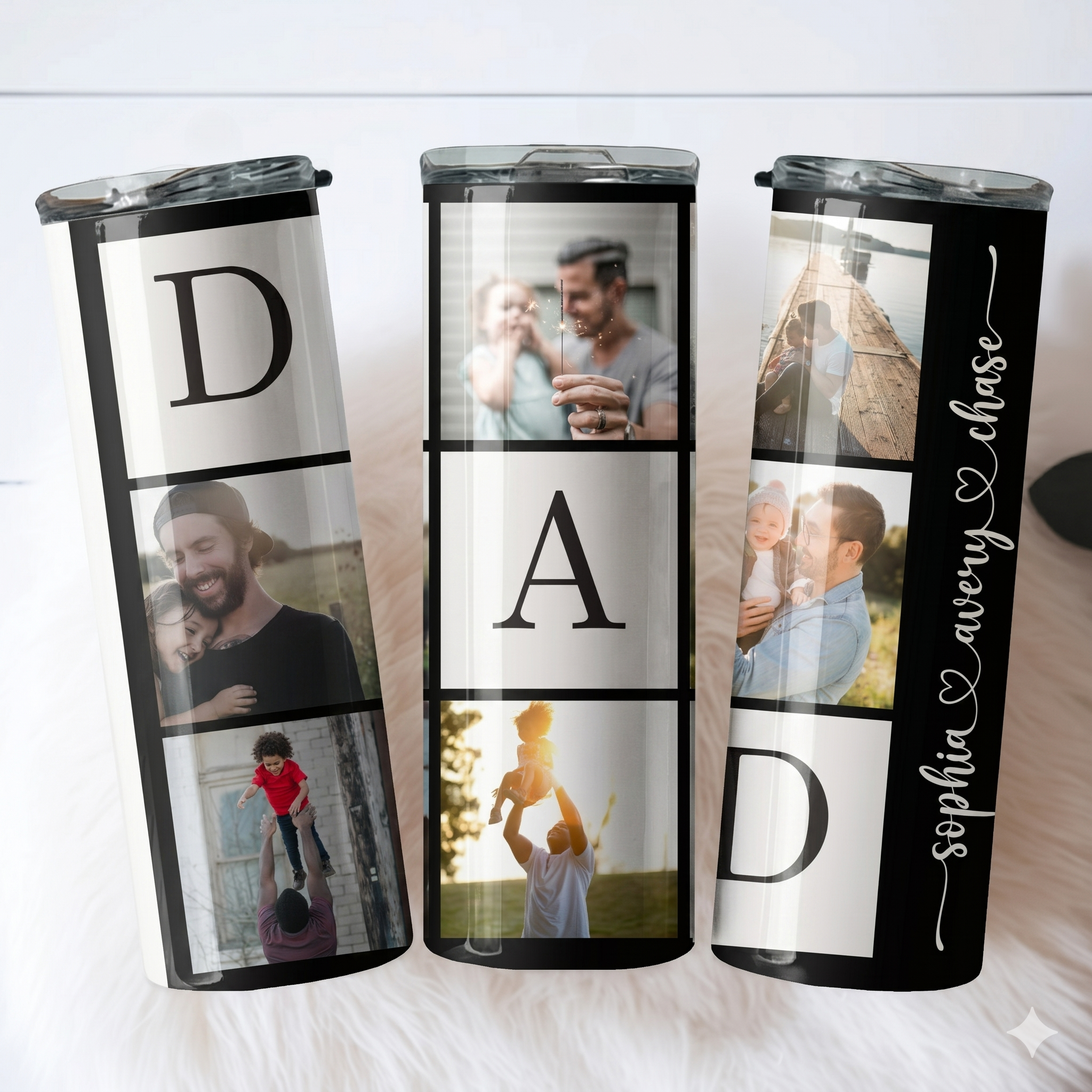 RodyThread Custom Personalized Dad Photo Collage Skinny Tumbler With Straw For Fathers Grandpas Modern Sentimental Family Aesthetic Sage Green Stainless Steel Custom Kids Names Cup Fathers Day Gift Insulated Travel Drinkware