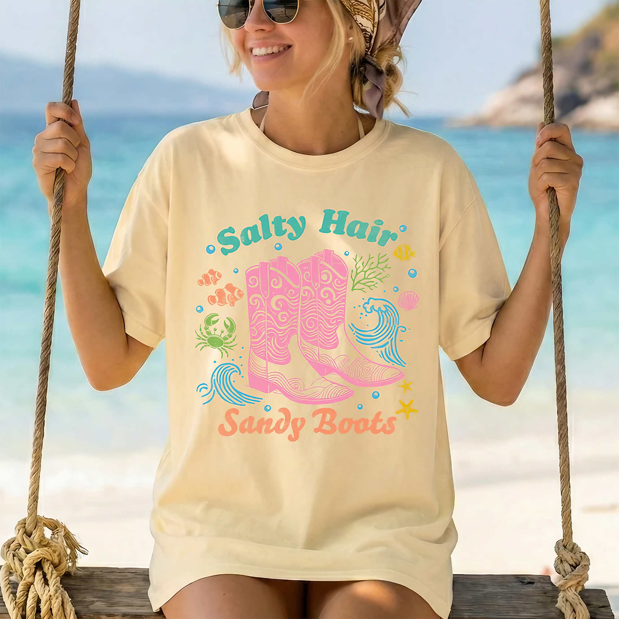 RodyThread Salty Hair Sandy Boots Coastal Cowgirl Graphic Tee Oversized T-Shirt Summer Clothes for Women Retro Western Beach Vacation Casual Basic Loose Fit Brown Top Holiday Outfits Ladies Womenswear Preppy Aesthetic