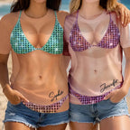Two women wearing custom disco bikini body bachelorette t-shirts with sparkly sequin prints and names Sophia and Jennifer