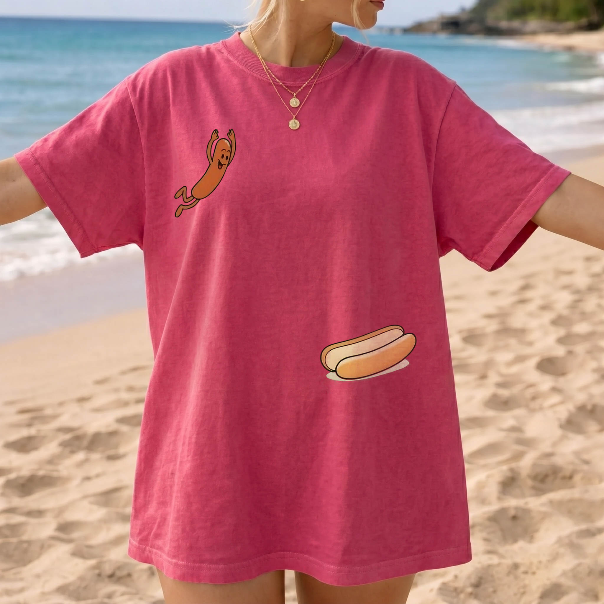 RodyThread Funny Jumping Hot Dog Oversized Graphic T-Shirt For Men Women Unisex Retro Cartoon Summer BBQ Dad Joke Humor Light Blue Cotton Grilling Present Sausage Tee High Dive Humor Top Barbecue Lover Apparel Fathers Day Gift