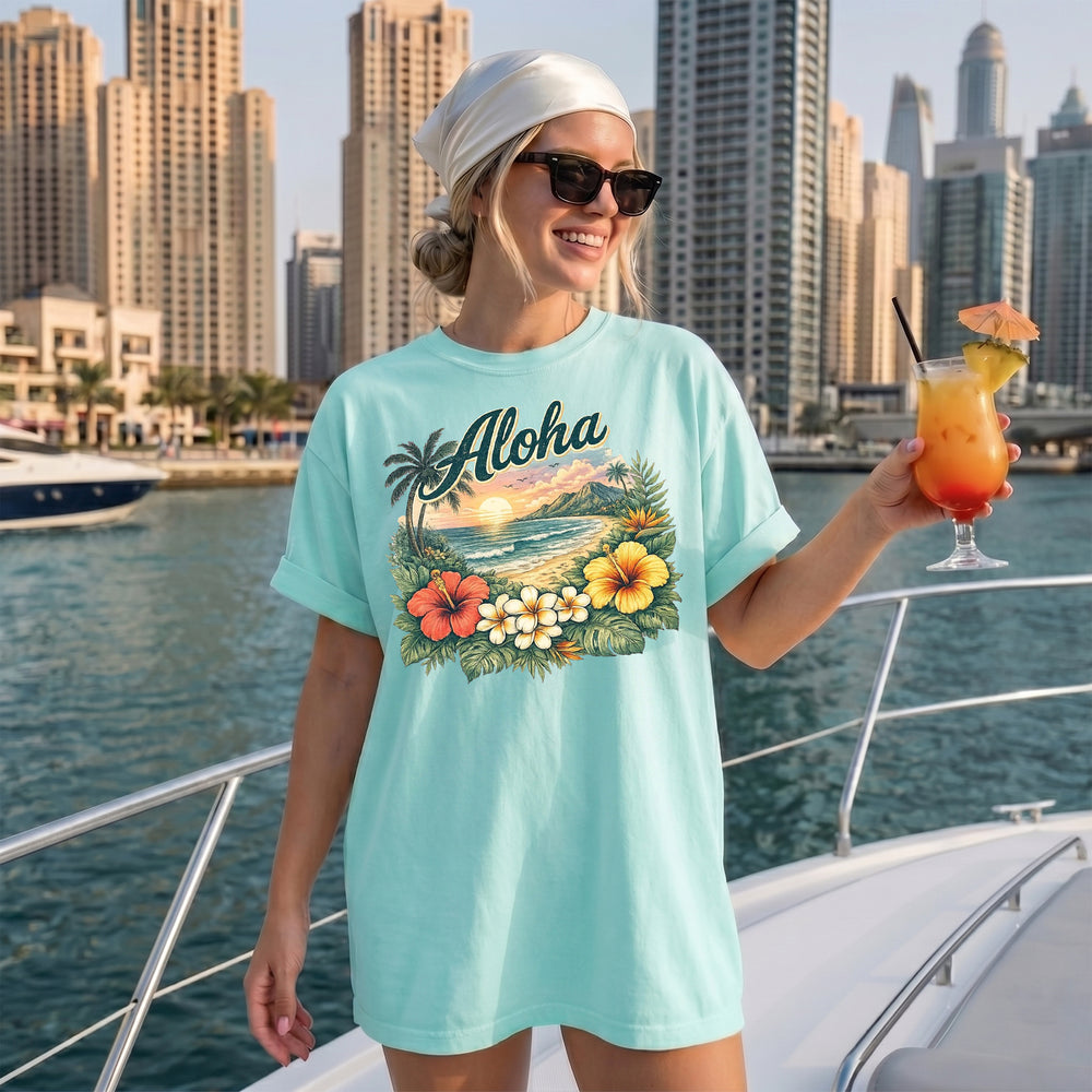 RodyThread Vintage Aloha Hawaii Summer Tropical Beach Graphic Tee Women's Retro Island Vacation Aesthetic Ivory Cotton Blend Short Sleeve T-Shirt Hibiscus Floral Print Summer Holiday Travel Outfit Casual Top Beachwear