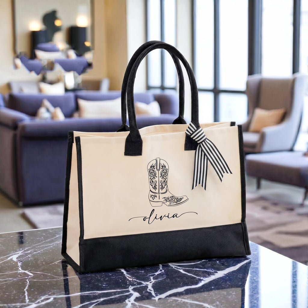 RodyThread Custom Cowgirl Tote Bag Canvas Tote Bag For Bridal Party Women Western Nashville Bachelorette Aesthetic Beige Black Two Tone Canvas Cotton Bride Squad Souvenir Gift Southern Belle Bridesmaid Proposal Favor Personalized Name Boot Design