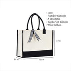 Canvas tote bag product dimensions infographic showing 15.7 inch width, 11.8 inch height, and 6.6 inch depth measurements.