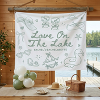 Personalized Lake Bachelorette Party Banner Tapestry Party Backdrop For Bridesmaids Preppy Coastal Glamping Aesthetic White Fabric Print Love On The Lake Decor Line Art Flamingo Float Graphic