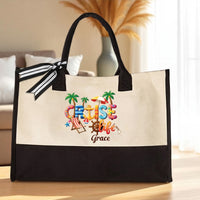RodyThread Custom Name Summer Trip Tote Personalized Canvas Beach Bag For Women Girls Trip Preppy Coastal Coquette Aesthetic Natural Beige Black Canvas Bridesmaid Bachelorette Vacation Gift Destination Holiday Travel Essentials Ribbon Bow
