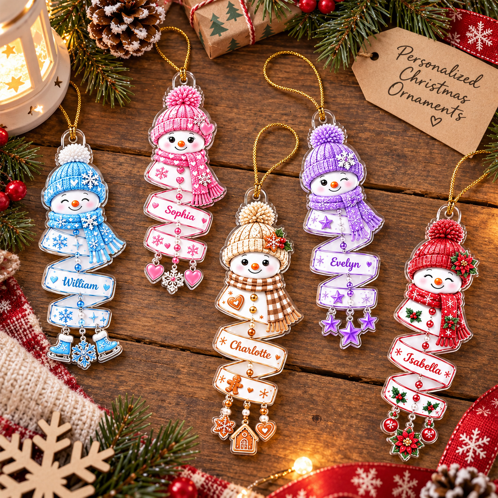 Five personalized acrylic snowman ornaments in blue, pink, tan, purple, and red with name banners on a rustic wooden holiday