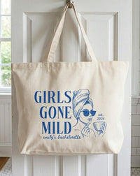 Custom Girls Gone Mild Bachelorette Party Favor Tote Bag for Bridesmaids Preppy Spa Weekend Aesthetic Heavy Cotton Canvas Reusable Goodie Bag Personalized Bridal Shower Gift Pjs and Prosecco Wellness Theme