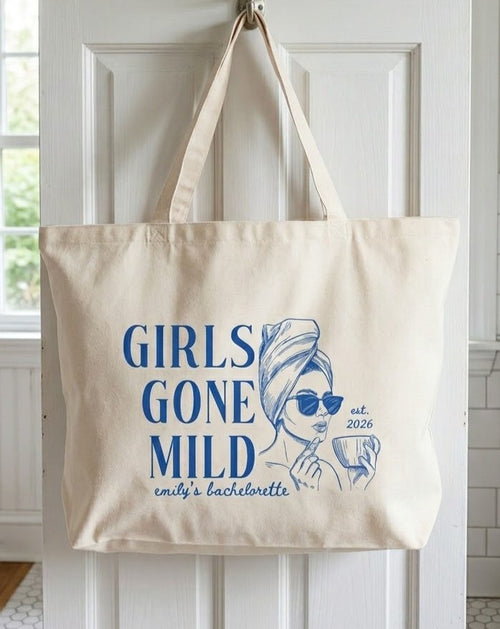 Custom Girls Gone Mild Bachelorette Party Favor Tote Bag for Bridesmaids Preppy Spa Weekend Aesthetic Heavy Cotton Canvas Reusable Goodie Bag Personalized Bridal Shower Gift Pjs and Prosecco Wellness Theme