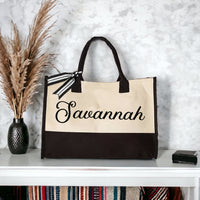 RodyThread Personalized Name Canvas Tote Bag for Women Bride Bridesmaid Proposal Preppy Coquette Minimalist Black and Cream Cotton Canvas Custom Monogrammed Gift for Her Bachelorette Bach Trip Beach Vacation Shopper with Ribbon Bow