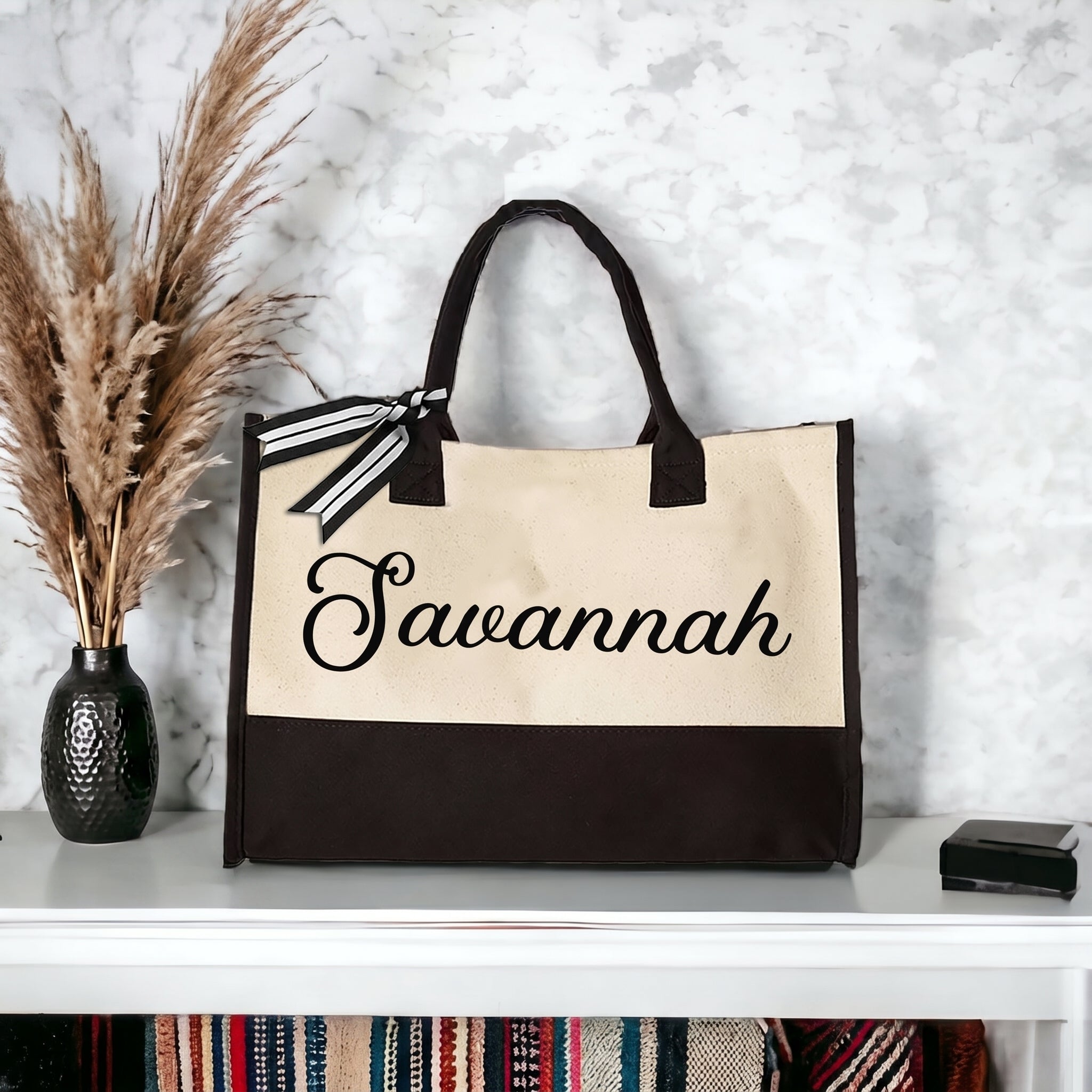 RodyThread Personalized Name Canvas Tote Bag for Women Bride Bridesmaid Proposal Preppy Coquette Minimalist Black and Cream Cotton Canvas Custom Monogrammed Gift for Her Bachelorette Bach Trip Beach Vacation Shopper with Ribbon Bow