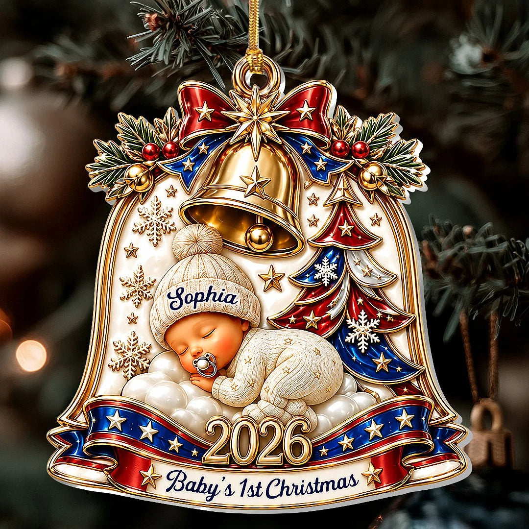 Customer in Los Angeles wearing 2026 Baby's 1st Christmas Ornament, Custom Name Personalized Newborn Keepsake Gift for New Mom Grand