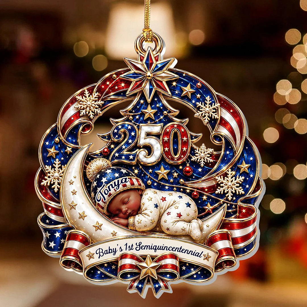 Customer in Los Angeles wearing 2026 Baby's 1st Christmas Ornament, Custom Name Personalized Newborn Keepsake Gift for New Mom Grand