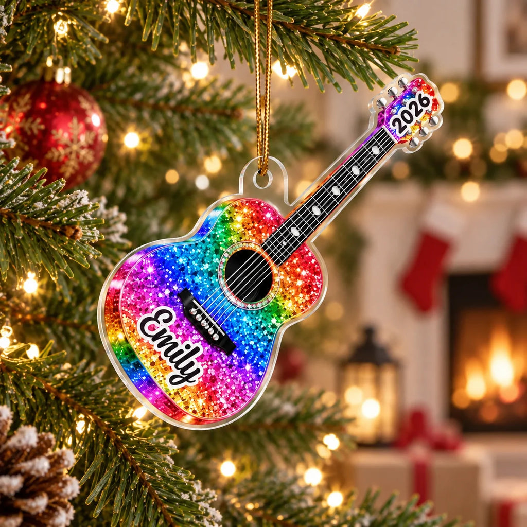 2026 Ornament Personalized Acoustic Guitar Christmas Keepsake, Custom Name Music Lover Holiday Tree