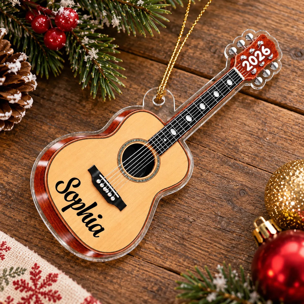 Close-up of 2026 Ornament Personalized Acoustic Guitar Christmas Keepsake, Custom Name Music Lover Holiday Tree