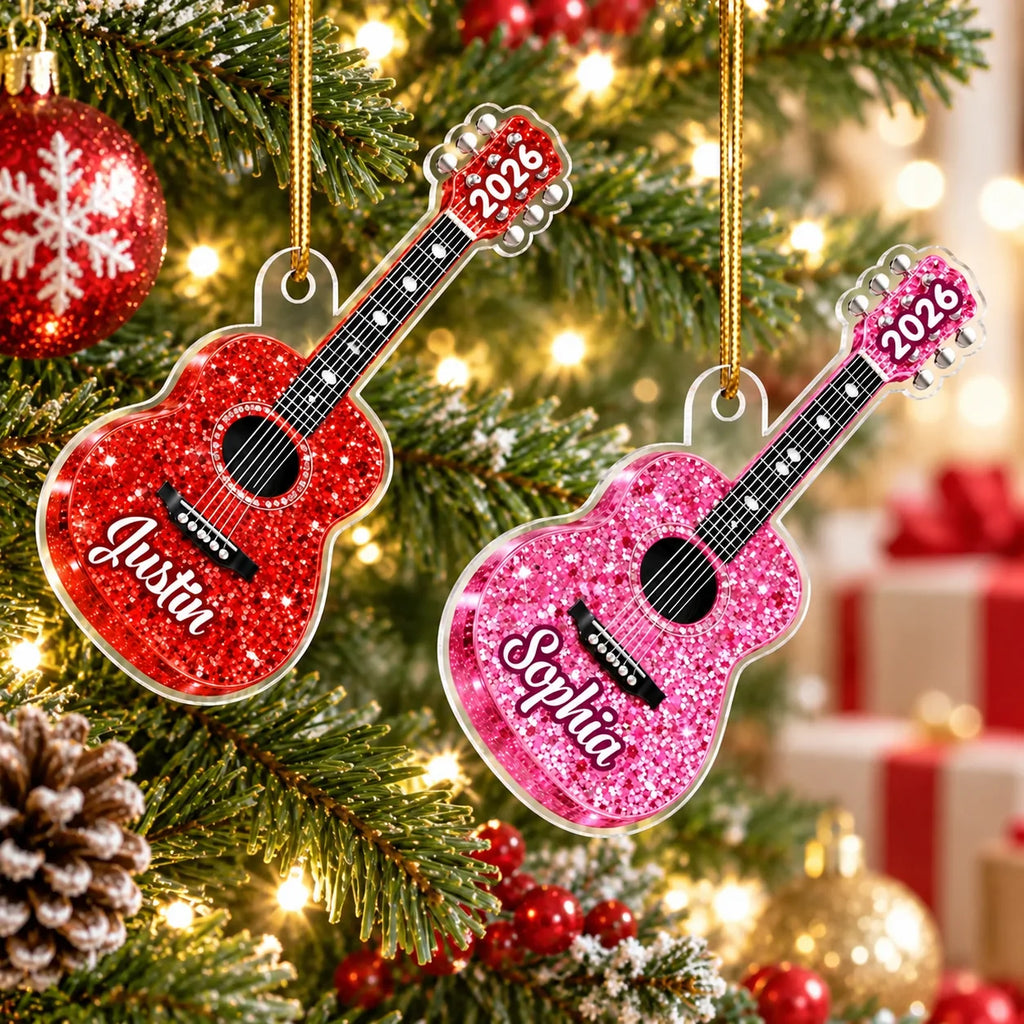 2026 Ornament Personalized Acoustic Guitar Christmas Keepsake, Custom Name Music Lover Holiday Tree