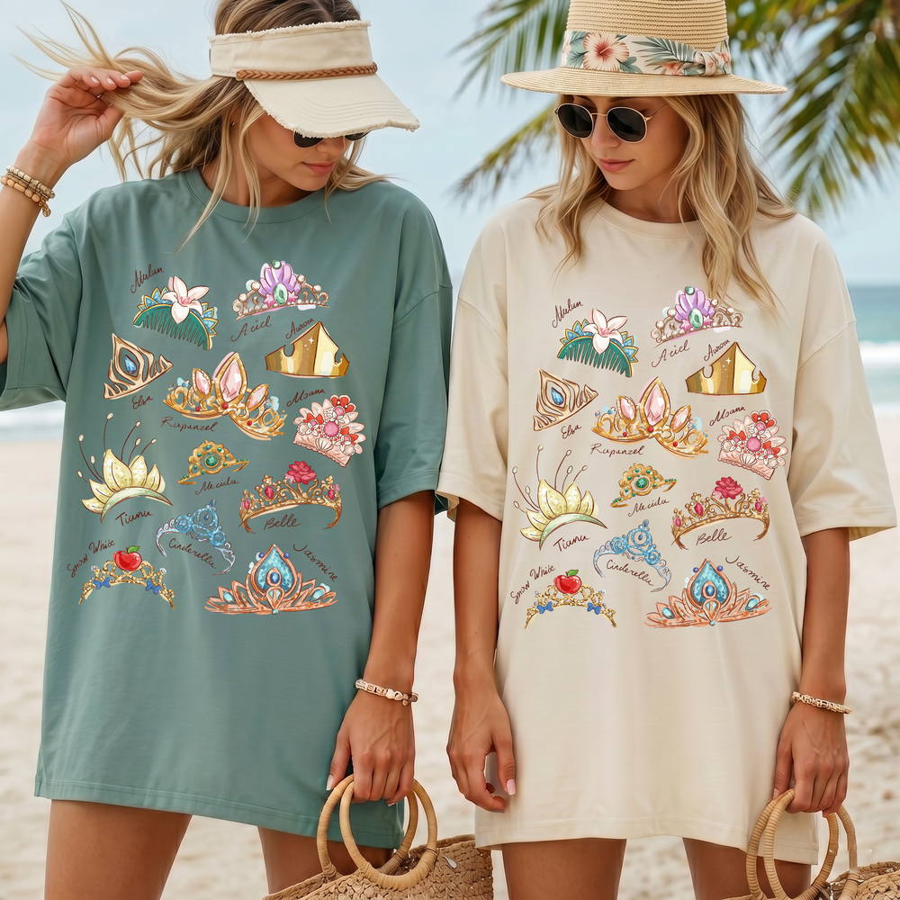 RodyThread Enchanted Tiara Design Shirt Women's Oversized Graphic T-Shirt Vintage Tiara Collection Aesthetic Tee Coquette Dreamy Fairytale Vacation Outfit Soft Cotton Princess Crown Shirt Magic Theme Park Loose Fit Summer Casual Basic Top