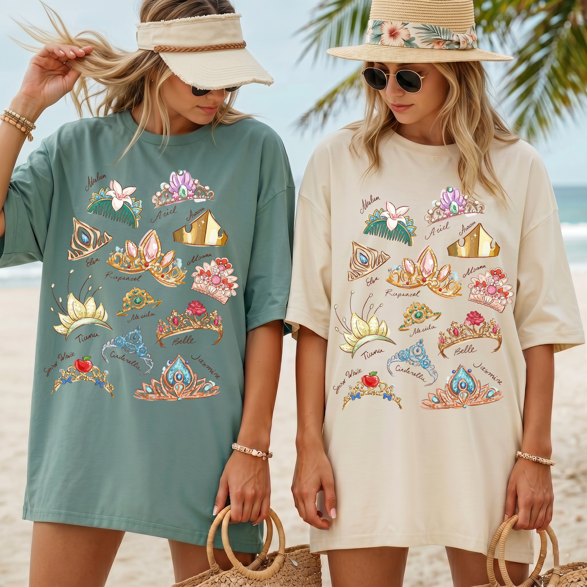 RodyThread Enchanted Tiara Design Shirt Women's Oversized Graphic T-Shirt Vintage Tiara Collection Aesthetic Tee Coquette Dreamy Fairytale Vacation Outfit Soft Cotton Princess Crown Shirt Magic Theme Park Loose Fit Summer Casual Basic Top