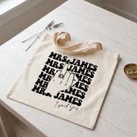 Custom Mrs Last Name Canvas Tote Bag for Alt Bride Edgy Retro Aesthetic Natural Cotton Bachelorette Party Gift Funny Engagement Ring Middle Finger Graphic Future Mrs Honeymoon Bridal Shower Survival Kit Accessory