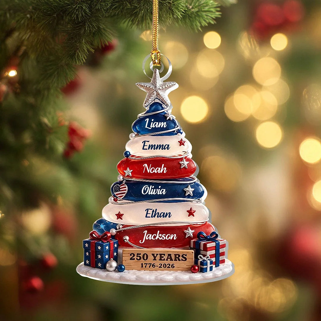 Customer in Los Angeles wearing 250 Years 1776-2026 Ornament, America 250th Anniversary Patriotic Christmas Decor, Personalized Fami