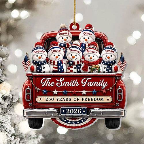 250 Years of Freedom Ornament 2026, Patriotic Snowman Truck Christmas Ornament, Custom Name Family K on a hanger, ready to ship from Los Angeles