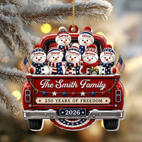 Close-up of 250 Years of Freedom Ornament 2026, Patriotic Snowman Truck Christmas Ornament, Custom Name Family K for streetwear fans in Los Angeles