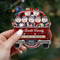 Customer in Los Angeles wearing 250 Years of Freedom Ornament 2026, Patriotic Snowman Truck Christmas Ornament, Custom Name Family K
