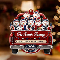 Close-up of 250 Years of Freedom Ornament 2026, Patriotic Snowman Truck Christmas Ornament, Custom Name Family K for streetwear fans in Los Angeles