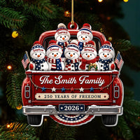 Customer in Los Angeles wearing 250 Years of Freedom Ornament 2026, Patriotic Snowman Truck Christmas Ornament, Custom Name Family K