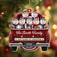 Close-up of 250 Years of Freedom Ornament 2026, Patriotic Snowman Truck Christmas Ornament, Custom Name Family K for streetwear fans in Los Angeles
