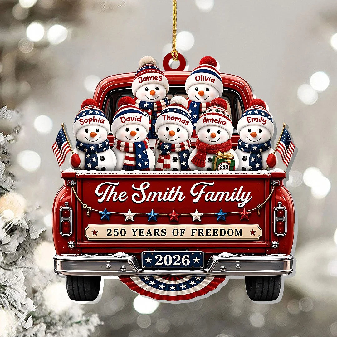 250 Years of Freedom Ornament 2026, Patriotic Snowman Truck Christmas Ornament, Custom Name Family K available at our Los Angeles warehouse