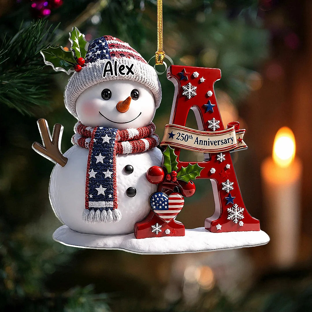 250th Anniversary Ornament, Custom Name Snowman Patriotic Christmas Ornament, Personalized America 2 on a hanger, ready to ship from Los Angeles