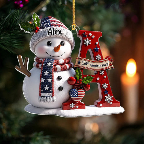 250th Anniversary Ornament, Custom Name Snowman Patriotic Christmas Ornament, Personalized America 2 on a hanger, ready to ship from Los Angeles