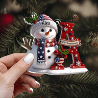 Customer in Los Angeles wearing 250th Anniversary Ornament, Custom Name Snowman Patriotic Christmas Ornament, Personalized America 2