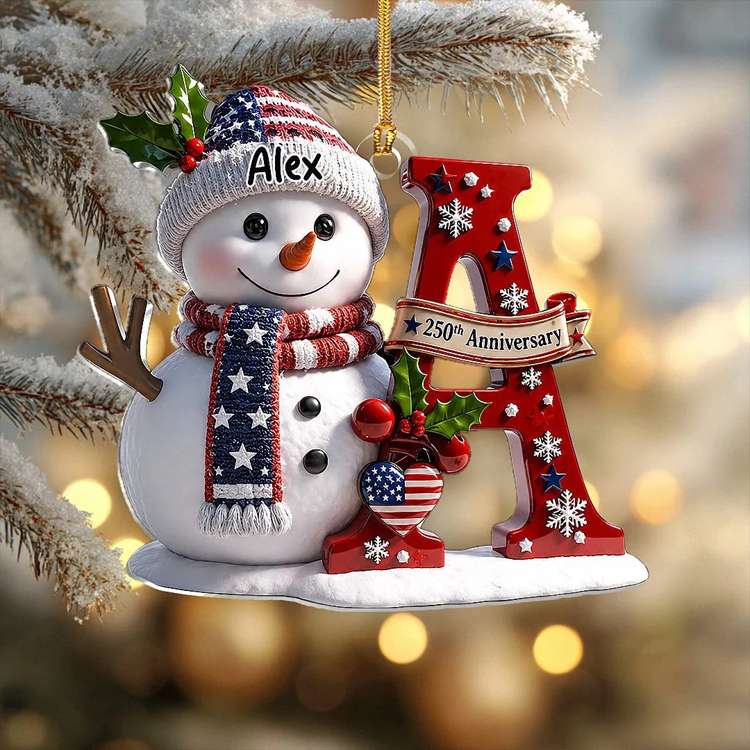 Close-up of 250th Anniversary Ornament, Custom Name Snowman Patriotic Christmas Ornament, Personalized America 2 for streetwear fans in Los Angeles