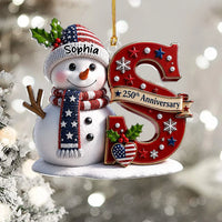 Customer in Los Angeles wearing 250th Anniversary Ornament, Custom Name Snowman Patriotic Christmas Ornament, Personalized America 2