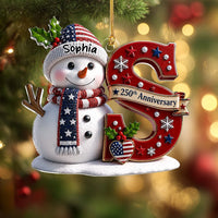 Close-up of 250th Anniversary Ornament, Custom Name Snowman Patriotic Christmas Ornament, Personalized America 2 for streetwear fans in Los Angeles