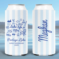 RodyThread Personalized Summer Lake Party Bachelorette Weekend Favors Slim Can Coolers Drink Sleeve Bridesmaids Girls Coastal Preppy Camp Vibe Blue White Striped Waterproof Neoprene Custom Birthday Bulk Gifts Seltzer Holders Last Toast Coast
