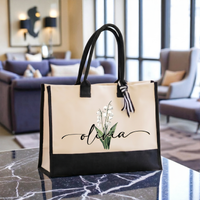RodyThread Trendy Personalized Custom Birth Month Flower Name Canvas Tote Bag For Women Preppy Coquette Botanical Aesthetic Beige Black Canvas Birthday Gift Monogram Reusable Shopper Shoulder Bag Summer Travel Vacation Accessories