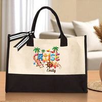 RodyThread Custom Name Summer Trip Tote Personalized Canvas Beach Bag For Women Girls Trip Preppy Coastal Coquette Aesthetic Natural Beige Black Canvas Bridesmaid Bachelorette Vacation Gift Destination Holiday Travel Essentials Ribbon Bow