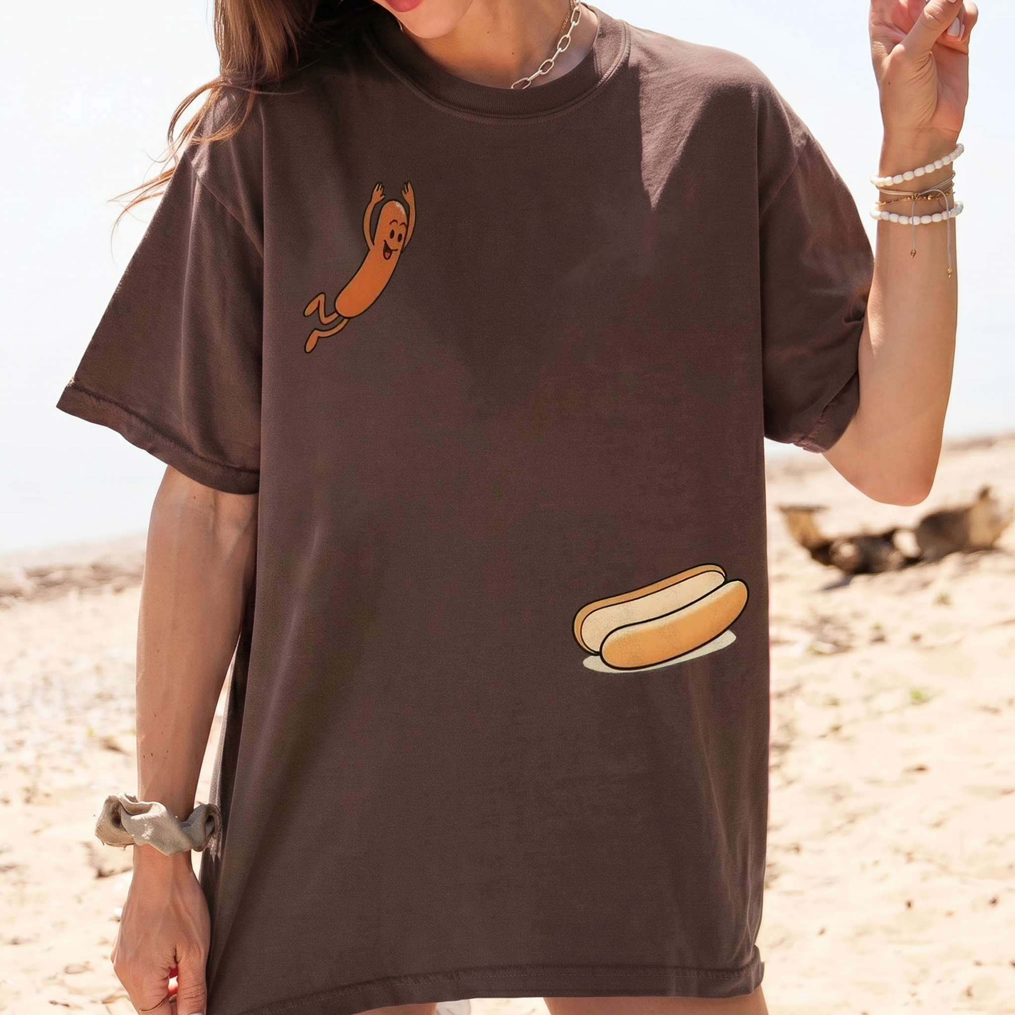 RodyThread Funny Jumping Hot Dog Oversized Graphic T-Shirt For Men Women Unisex Retro Cartoon Summer BBQ Dad Joke Humor Light Blue Cotton Grilling Present Sausage Tee High Dive Humor Top Barbecue Lover Apparel Fathers Day Gift