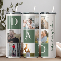 RodyThread Custom Personalized Dad Photo Collage Skinny Tumbler With Straw For Fathers Grandpas Modern Sentimental Family Aesthetic Sage Green Stainless Steel Custom Kids Names Cup Fathers Day Gift Insulated Travel Drinkware